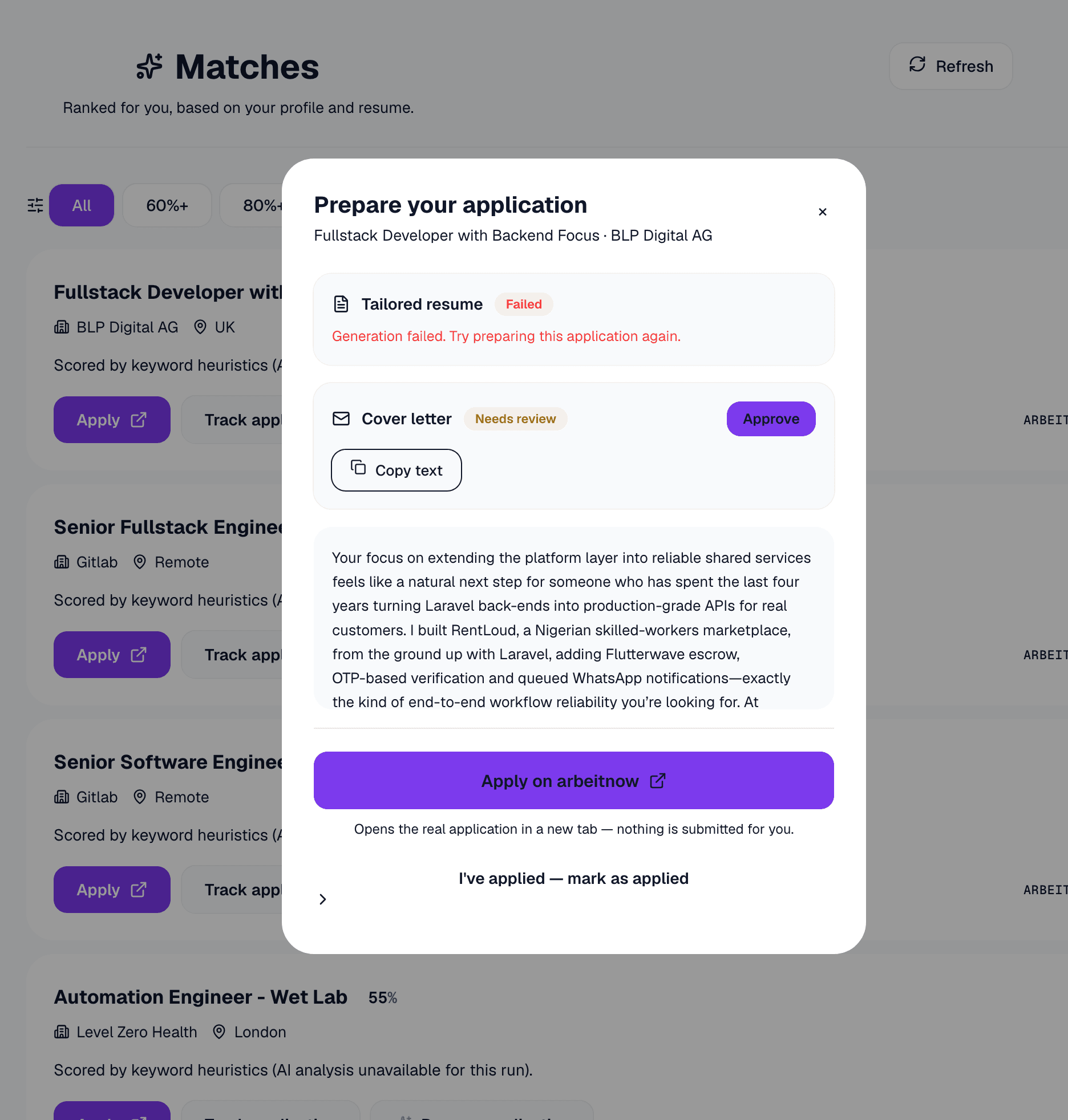 Personalized applications, not generic templates — Applyqik screenshot